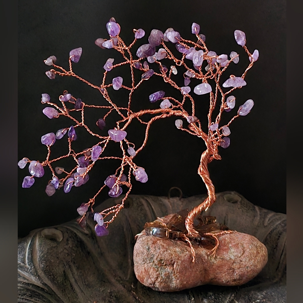 Amethyst Chip Tree Sculpture with Copper Wire - Purple Home Art